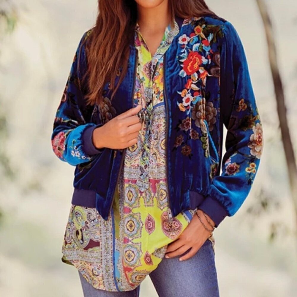 Johnny Was Vivian Velvet Bomber Jacket 100% silk velvet Size 1X Plus size